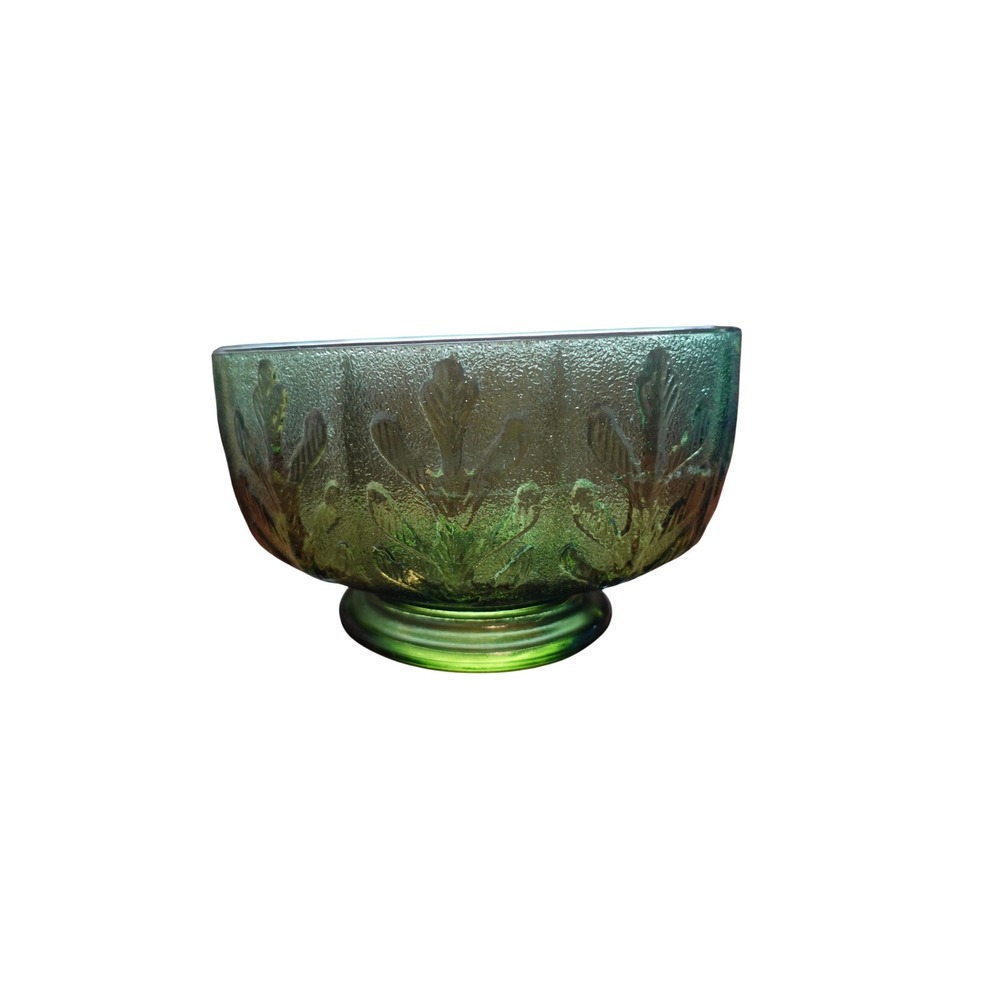 vintage F.T.D. 1975 olive green oval shape with oak leaves pedestal glass bowl